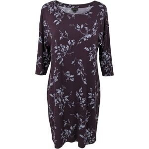 J Jill Wearever Collection Shift Dress Women Large Purple Floral 3/4 Sleeve Fall